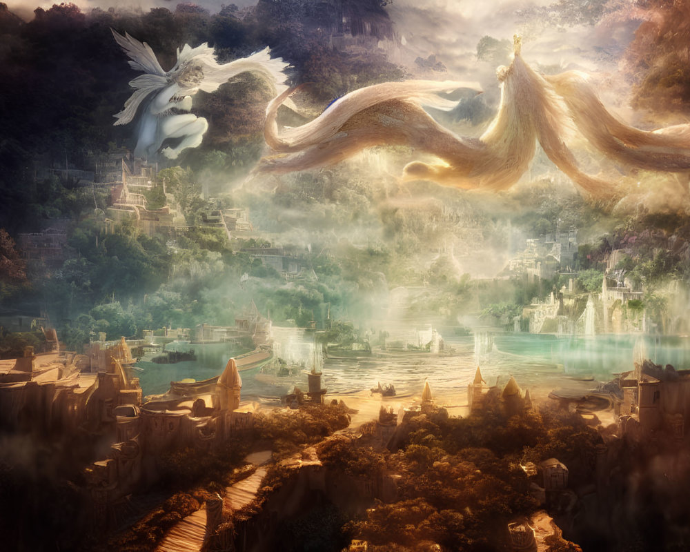 Two ethereal dragons soar above misty ancient city in lush mountains