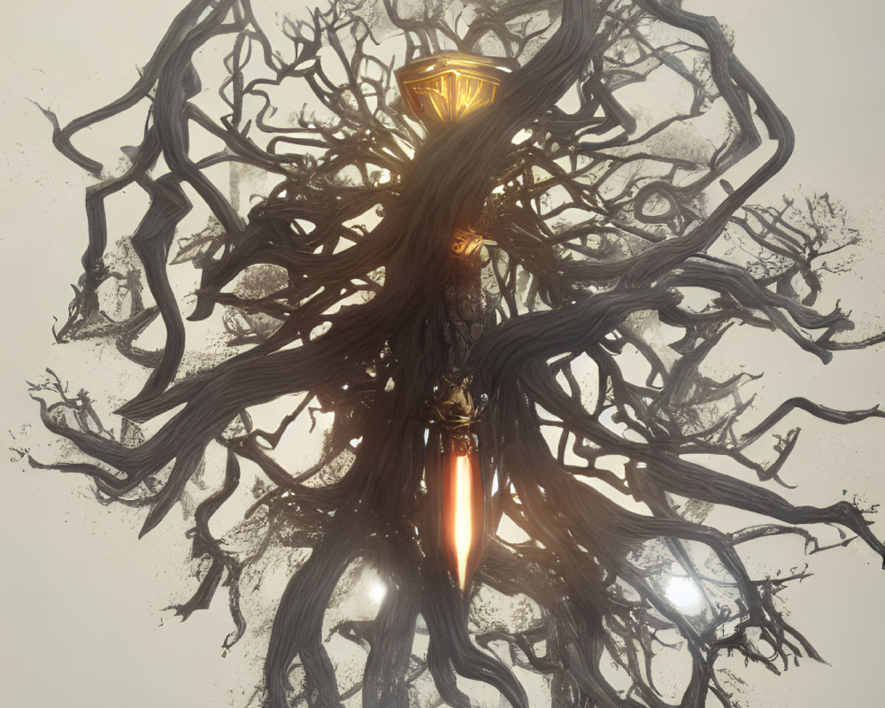 Detailed Tree Enveloping Ornate Lamp in Golden Glow