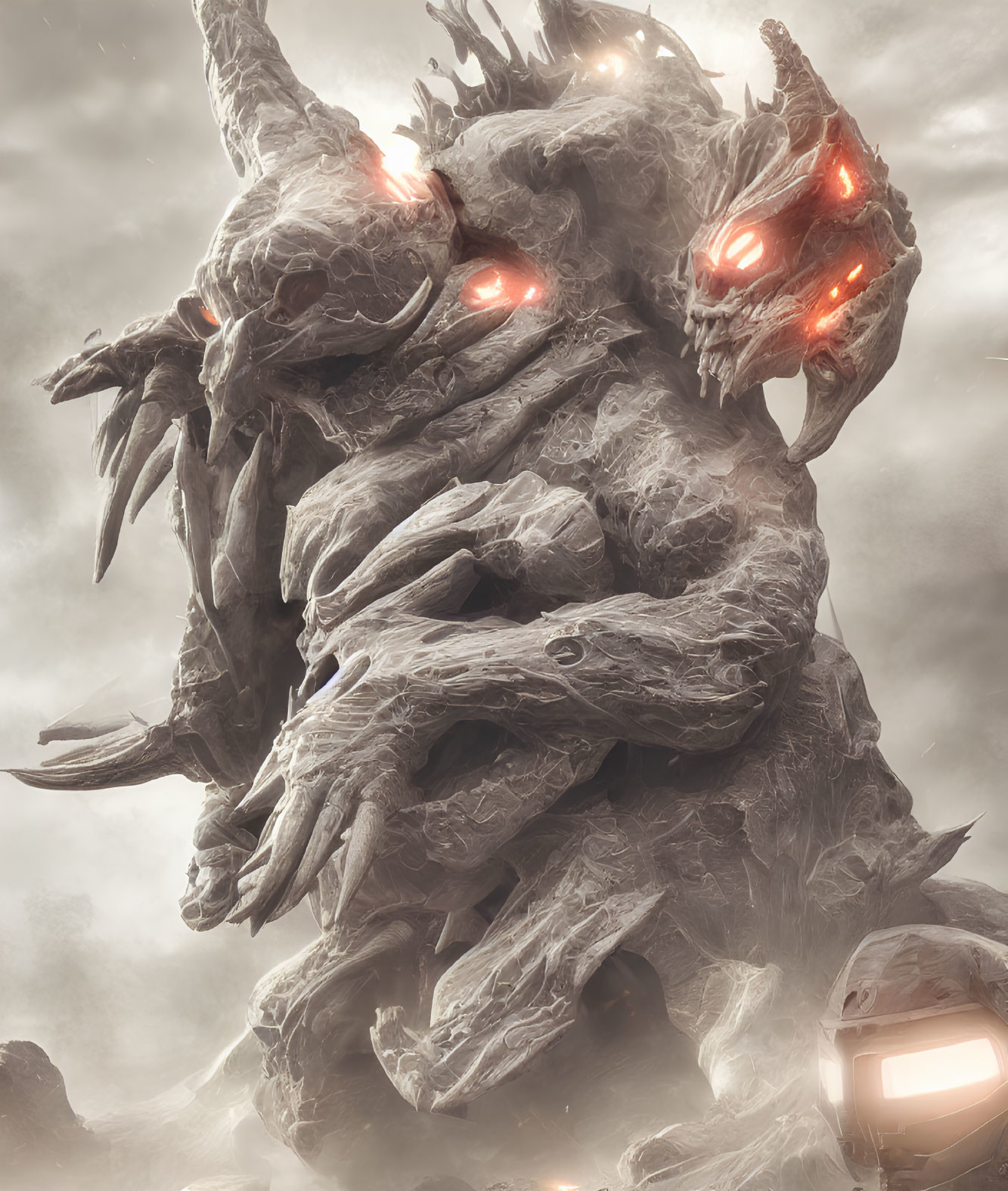 Giant stone dragon with glowing red eyes in swirling clouds