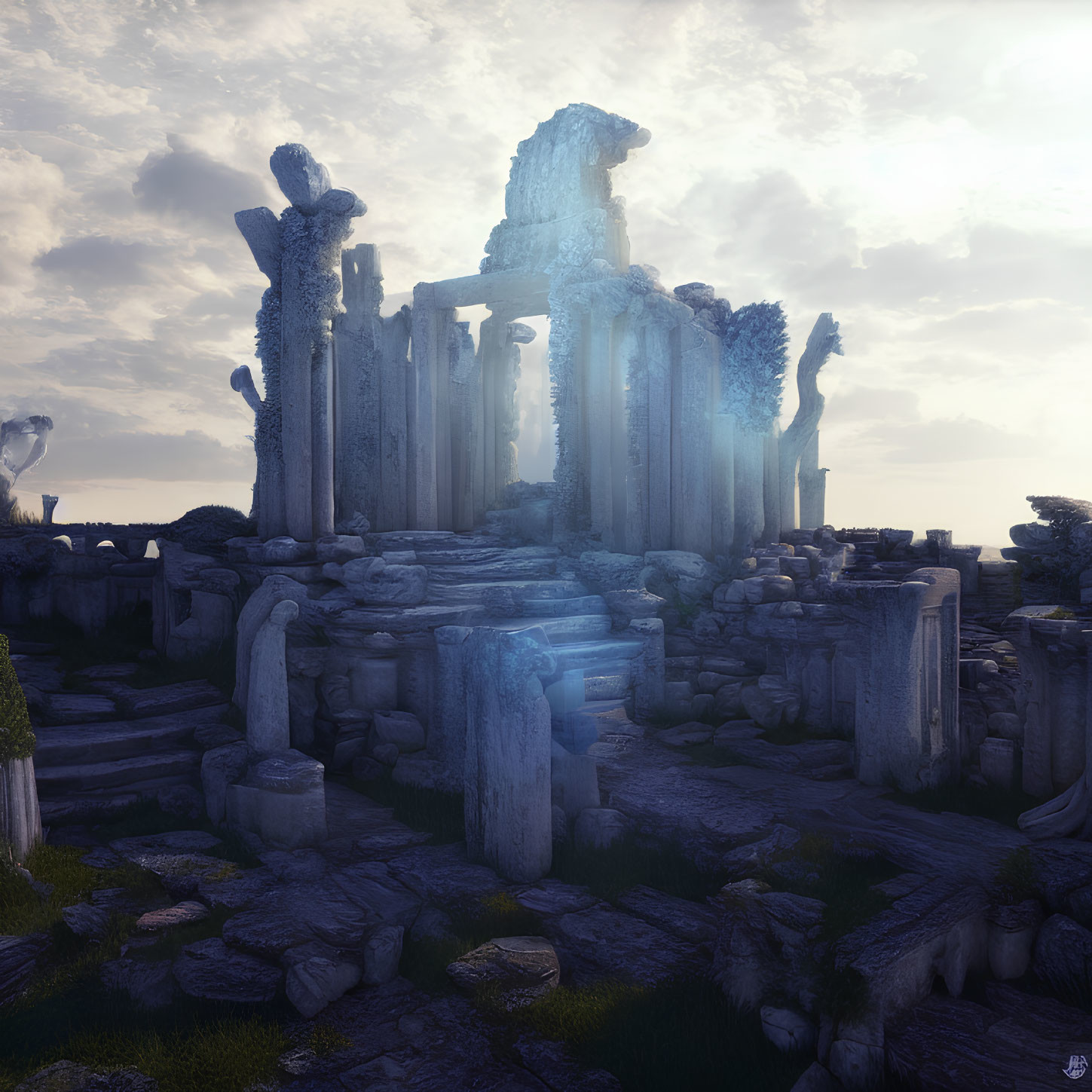 Ancient Pillars and Archways in Rocky Landscape with Ethereal Blue Light