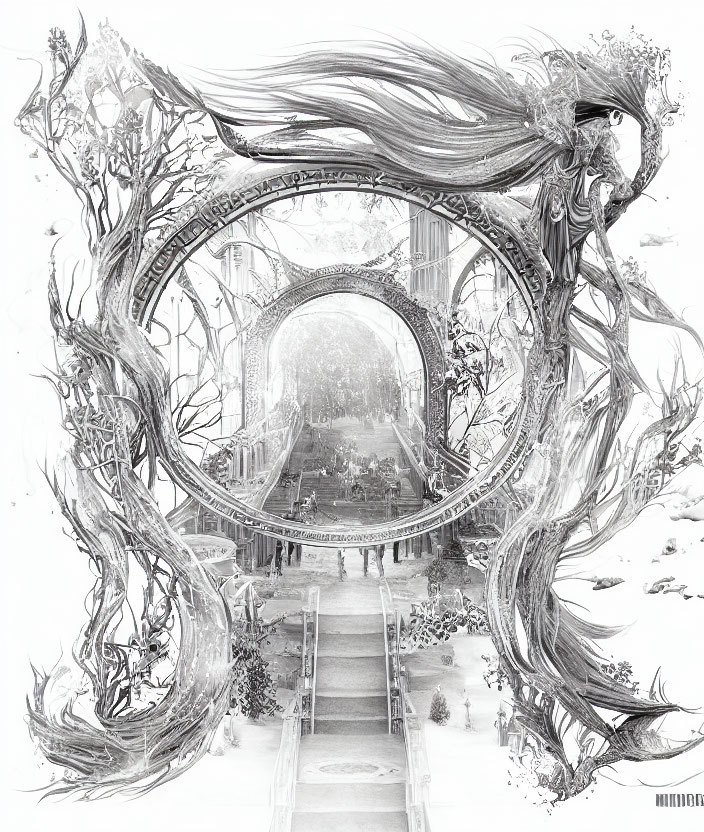 Monochromatic surreal illustration of circular gateway and twisted trees in ethereal garden