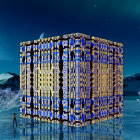 Intricate golden patterns on futuristic cube in alien landscape