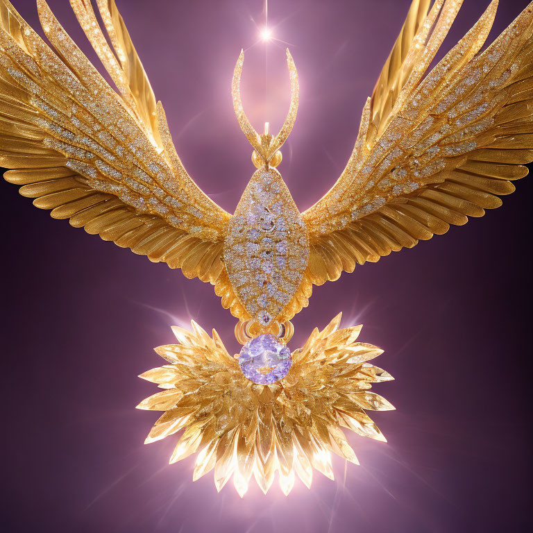 Golden Winged Pendant with Purple Gemstone on Radiant Purple Background
