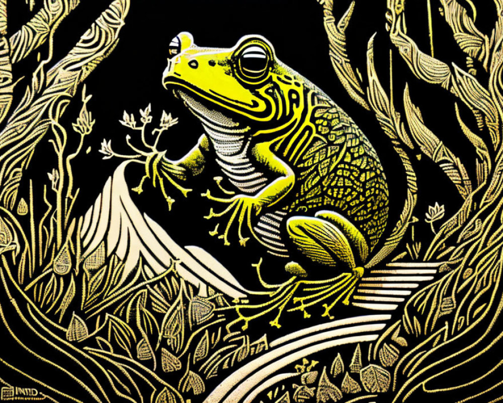 Colorful illustration of green frog in intricate flora with signature