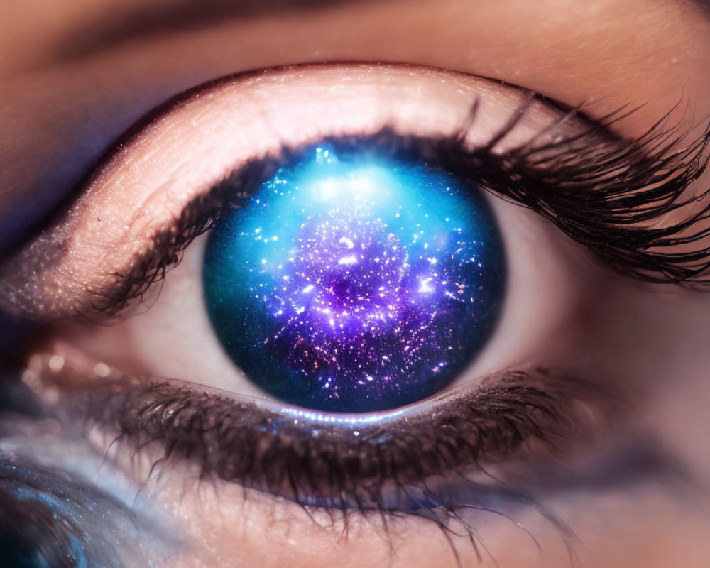 Detailed Close-Up of Galaxy Reflected in Eye with Long Eyelashes