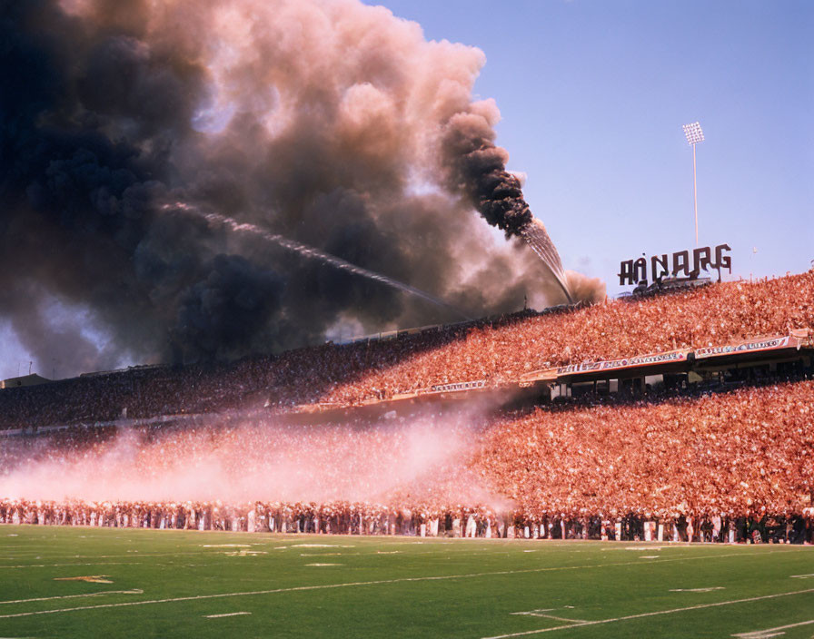 Crowded Stadium with Firefighting Efforts and Smoke on Clear Day