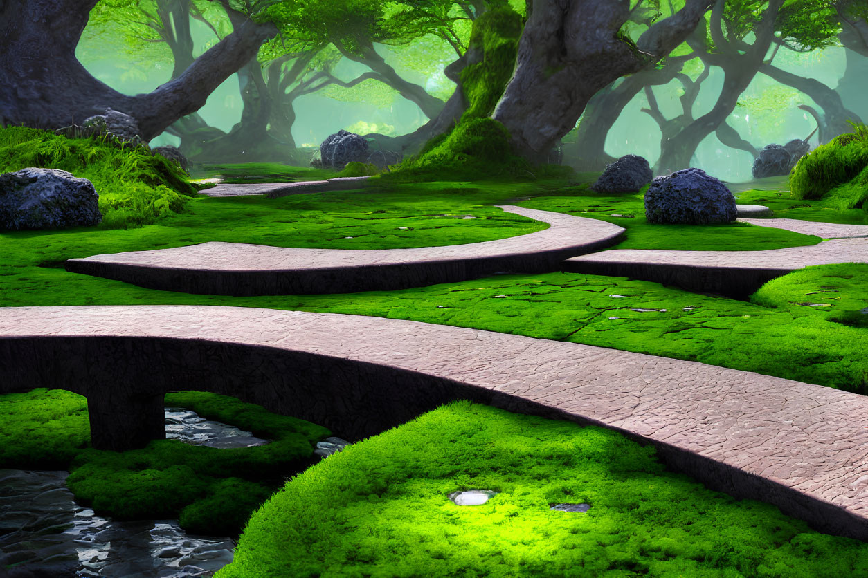 Curved Stone Pathway in Lush Green Forest with Moss-Covered Trees