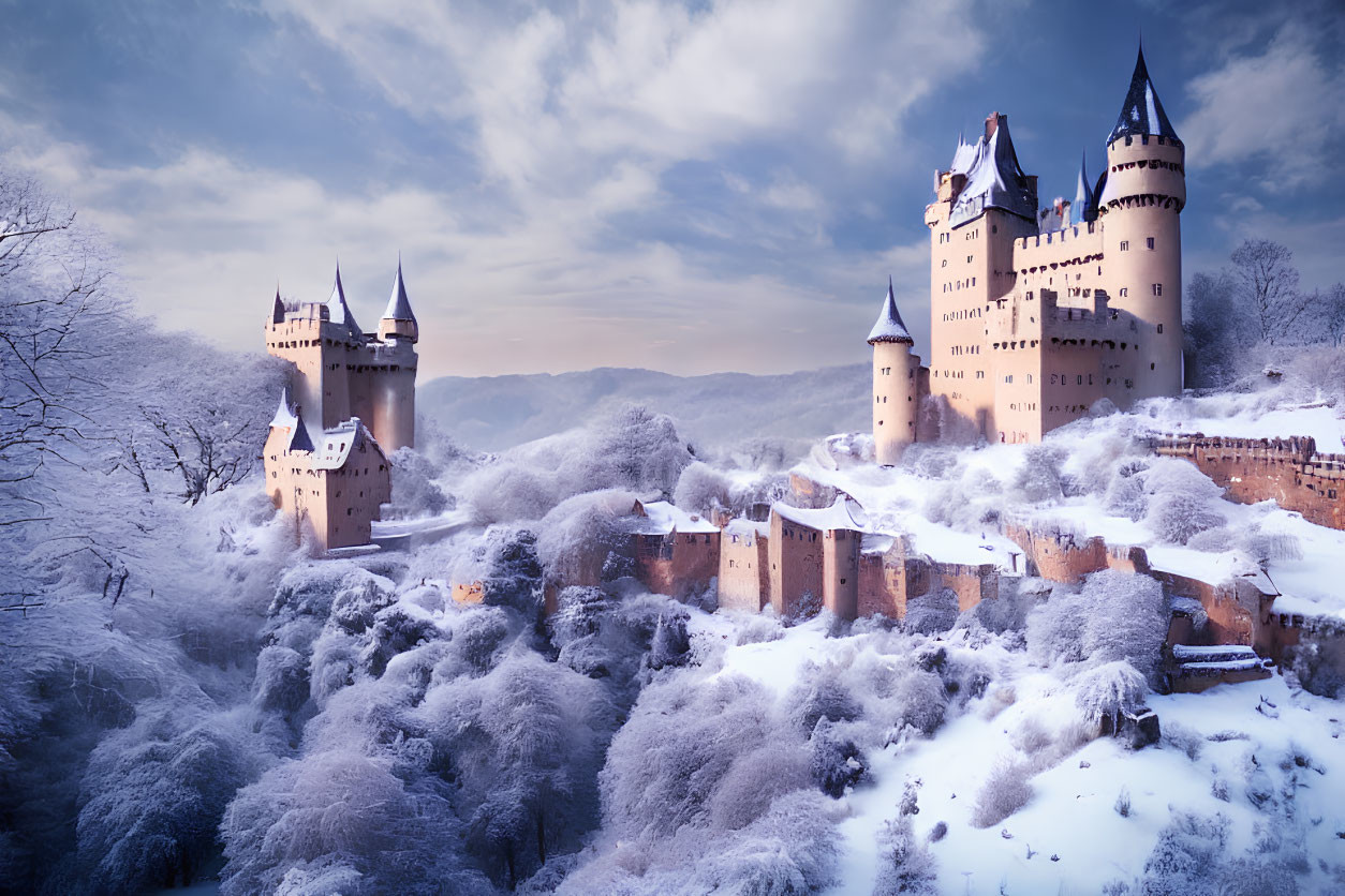 Snow-covered castle with spires in winter landscape
