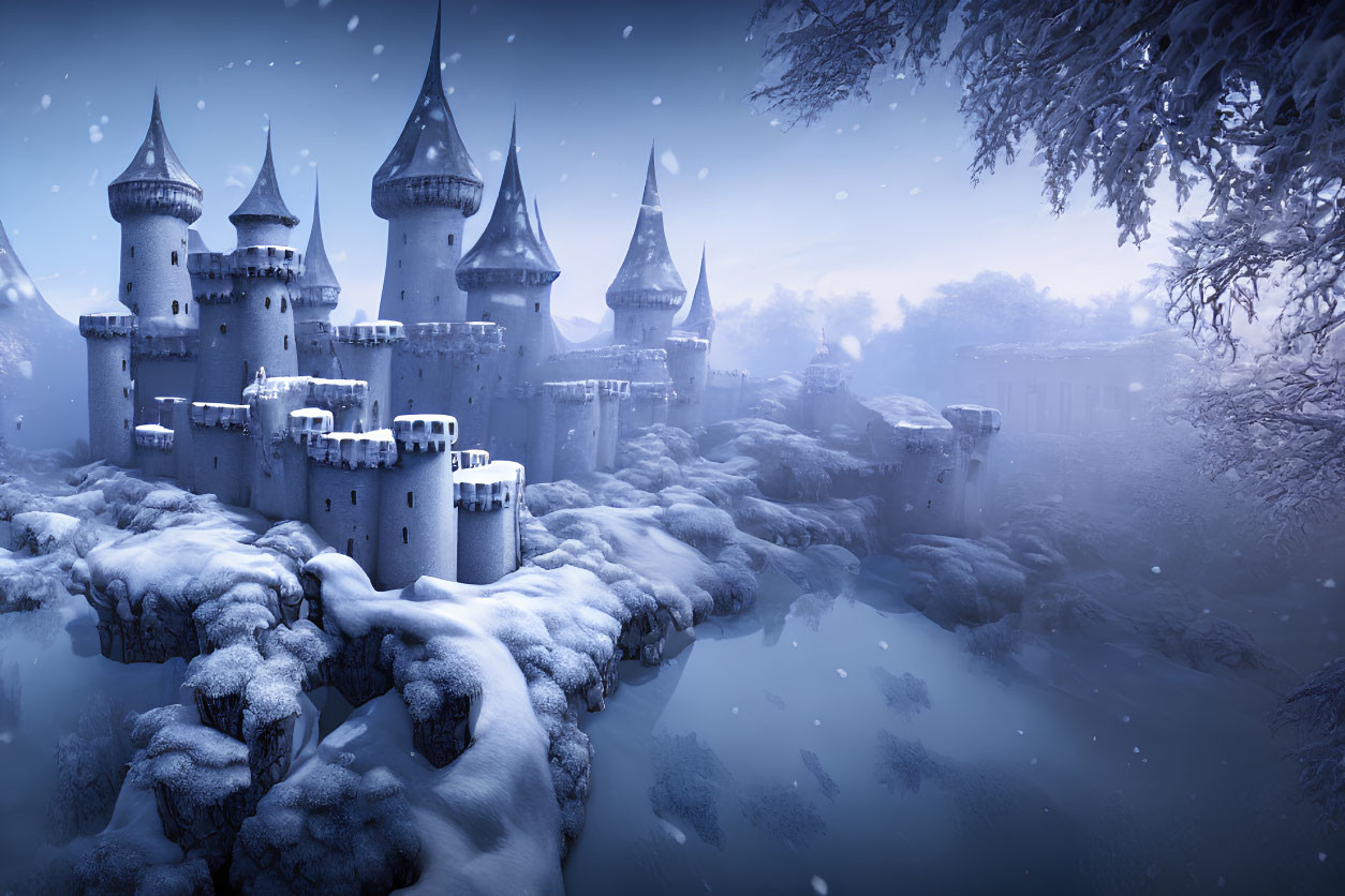 Snow-covered castle with spires and towers in misty twilight setting