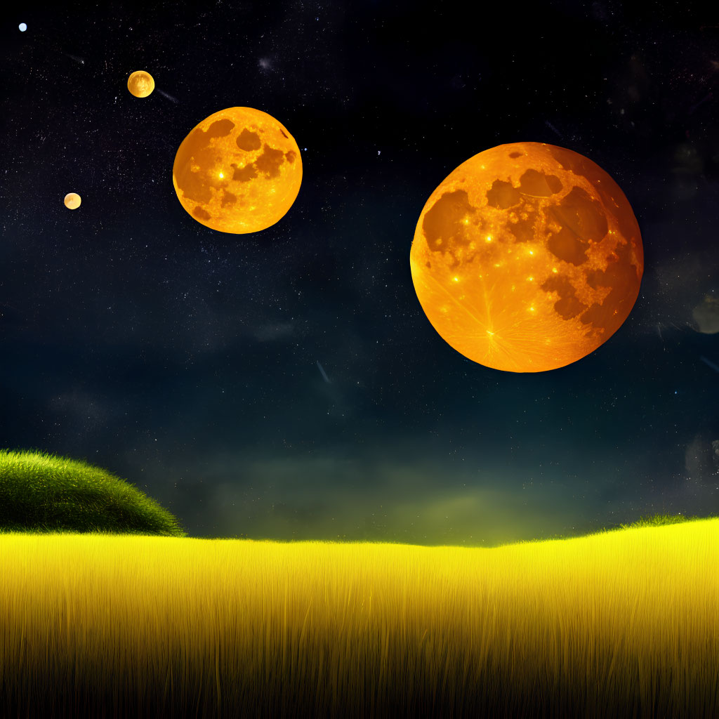 Fantastical nightscape with oversized orange moons under starry sky