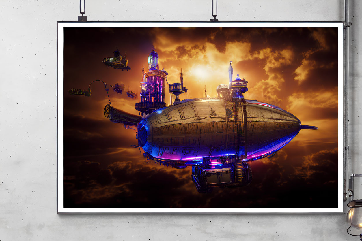 Steampunk-inspired airship poster with blue and purple lighting against sunset sky