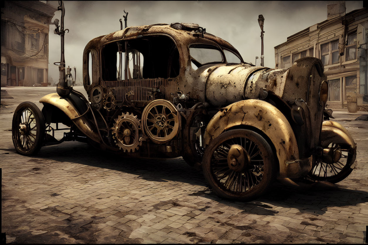 Steampunk-themed vehicle with gears and pipes in urban setting