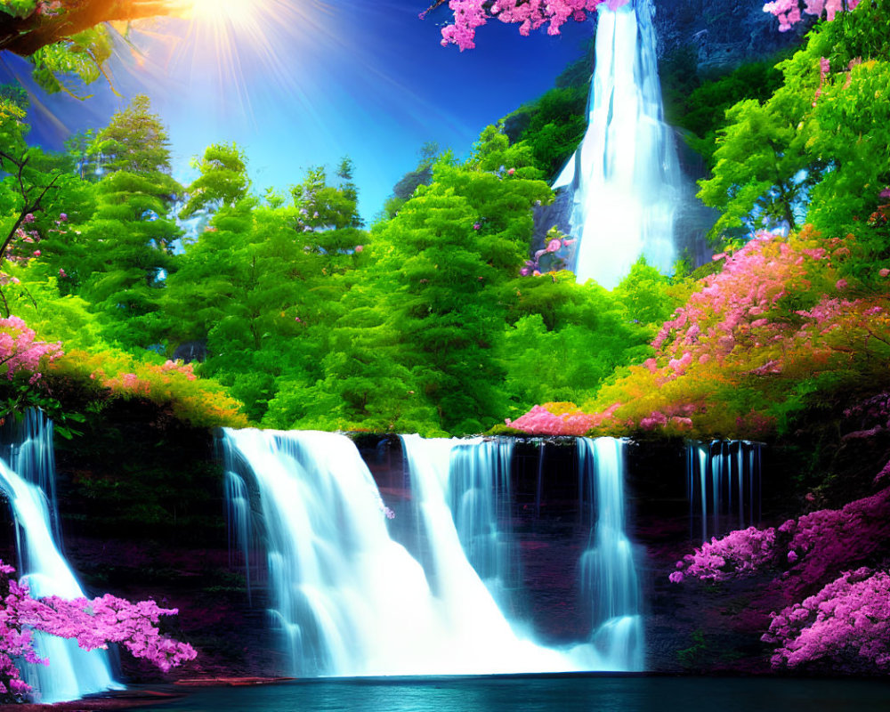 Scenic landscape with cascading waterfall and blooming trees
