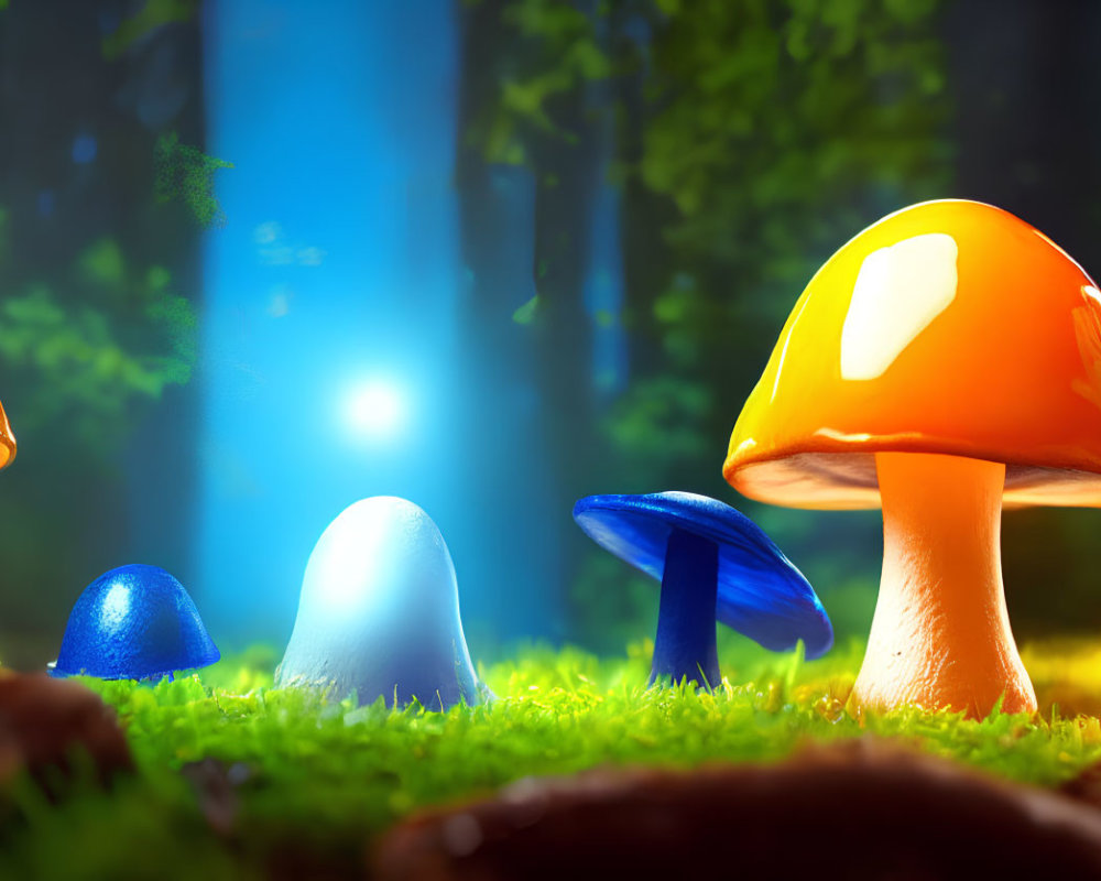 Vibrant Forest Floor Mushrooms in Sunlight