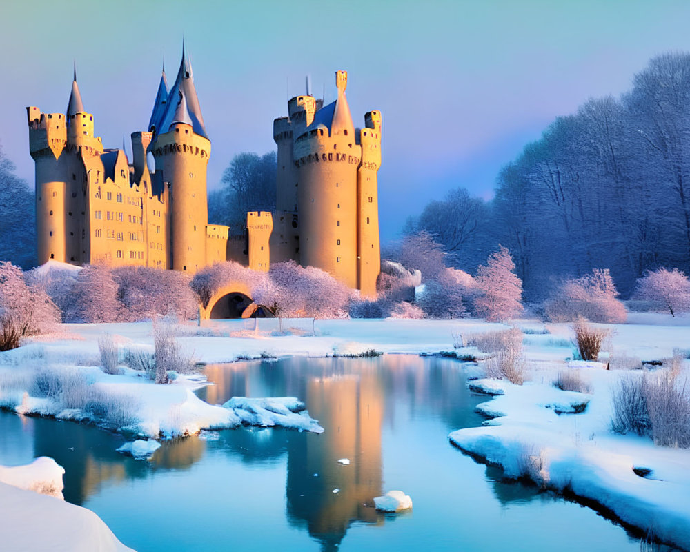 Snow-covered castle reflected in tranquil river amidst winter scenery