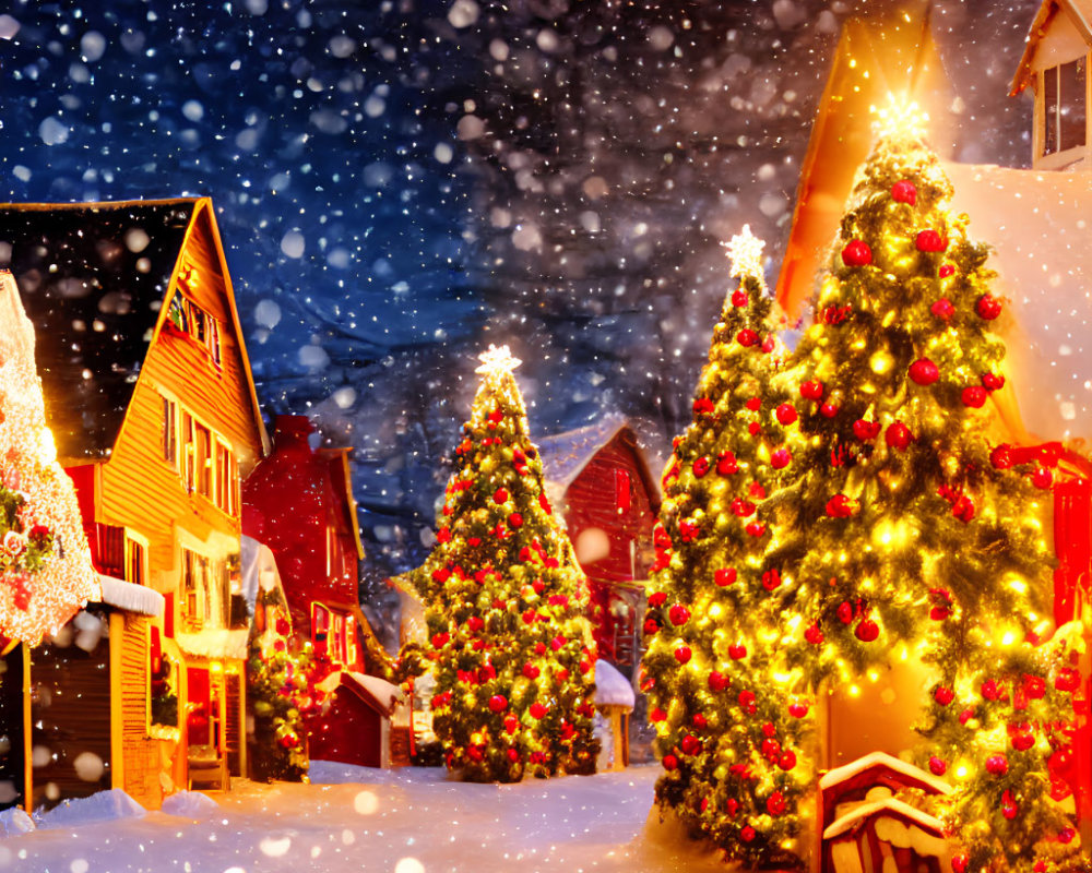 Winter Scene: Snowy Evening with Christmas Trees and Illuminated Houses