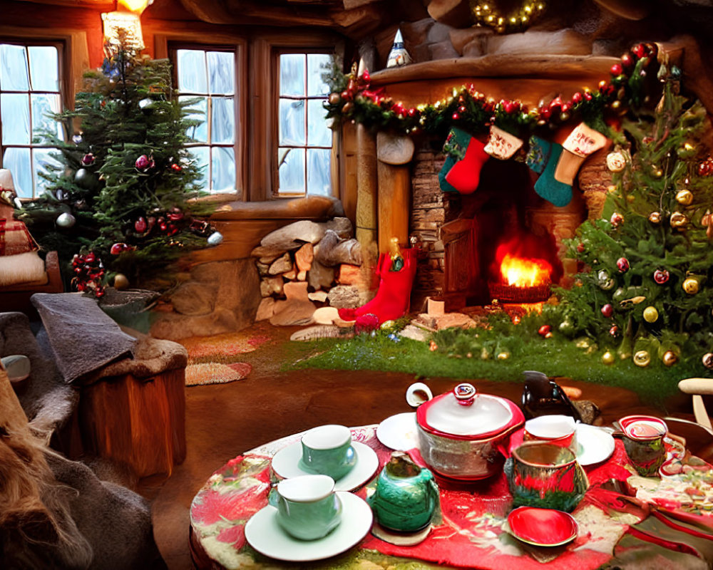 Festive Christmas interior with tree, stockings, garland & table setting