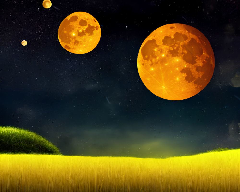 Fantastical nightscape with oversized orange moons under starry sky