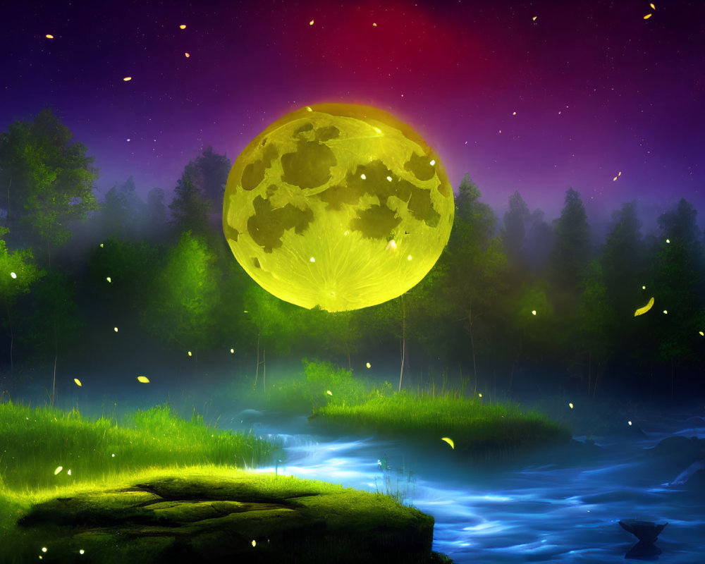 Digital landscape with large yellow moon, fireflies, stream, greenery, and starry night sky