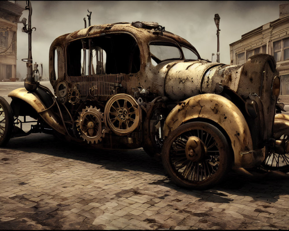 Steampunk-themed vehicle with gears and pipes in urban setting