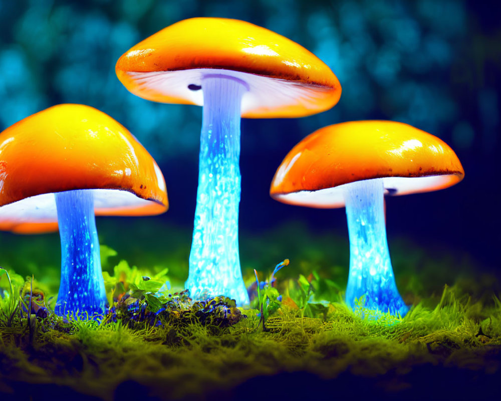 Vibrant orange mushrooms with glowing blue stems in forest setting