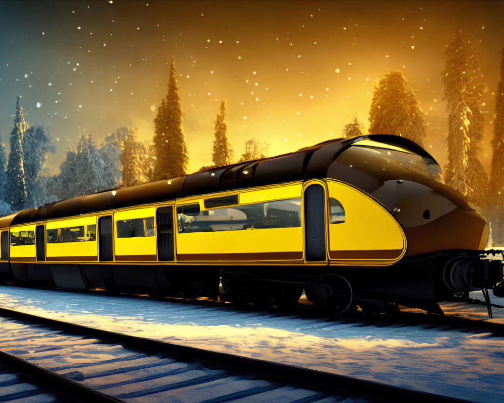 Modern train traveling through snowy twilight landscape.