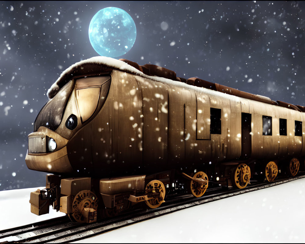 Vintage train on snowy tracks under full moon