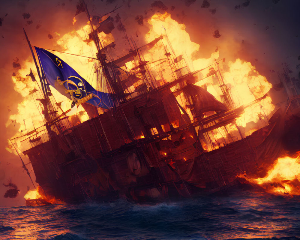 Burning pirate ship scene with skull flag in fierce flames