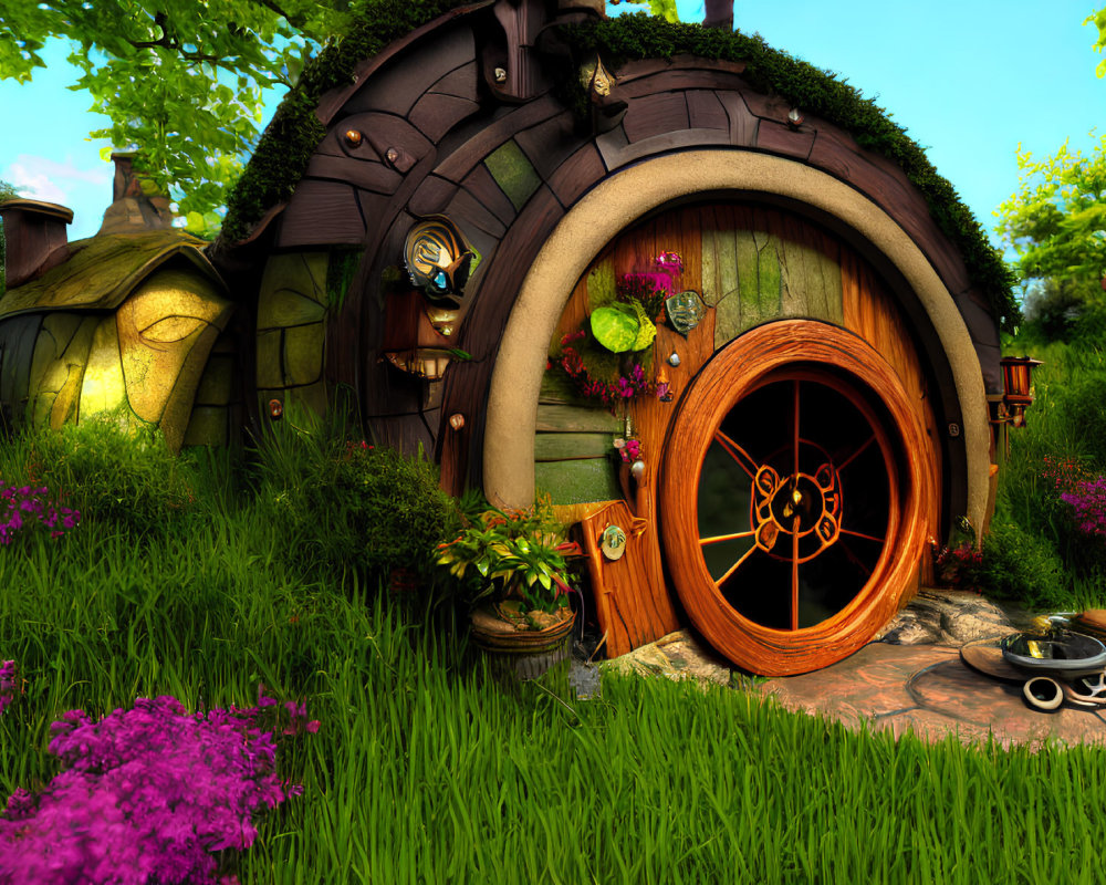 Fantasy garden scene with round wooden door and lush greenery