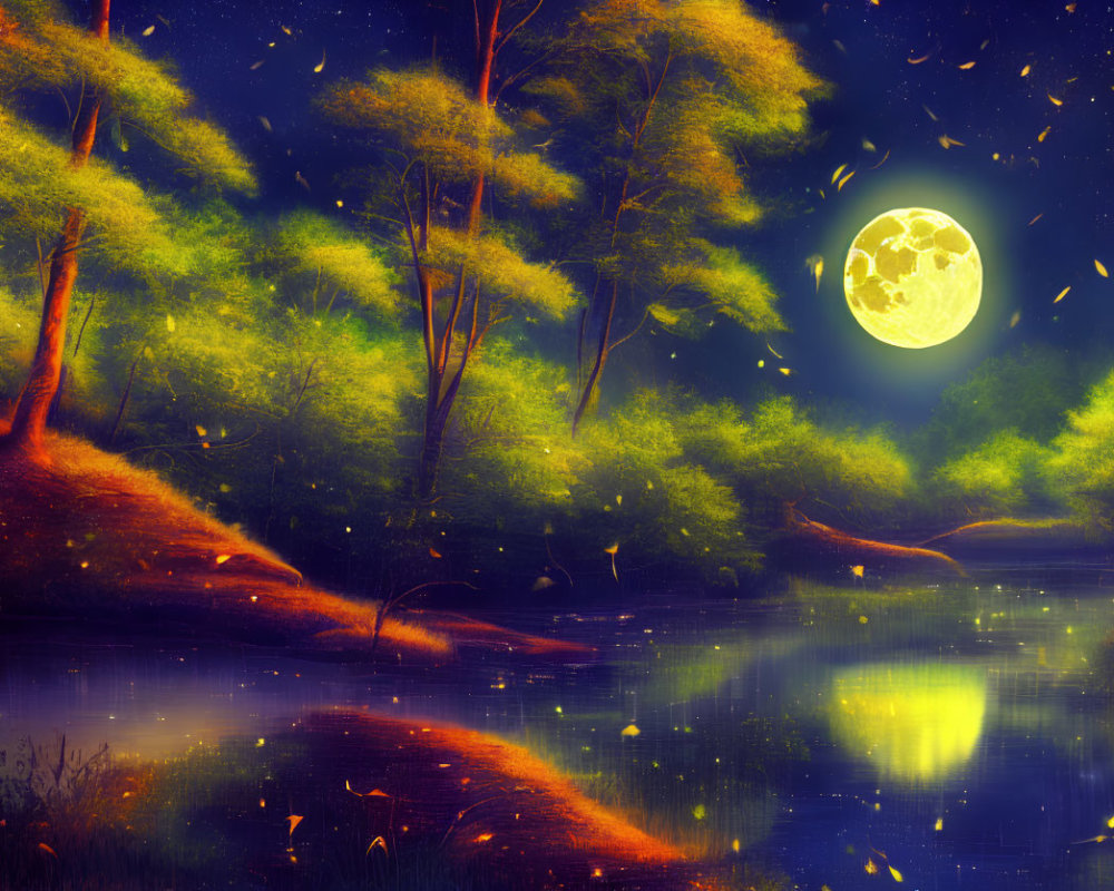 Full Moon Night Scene with Fireflies on Serene River