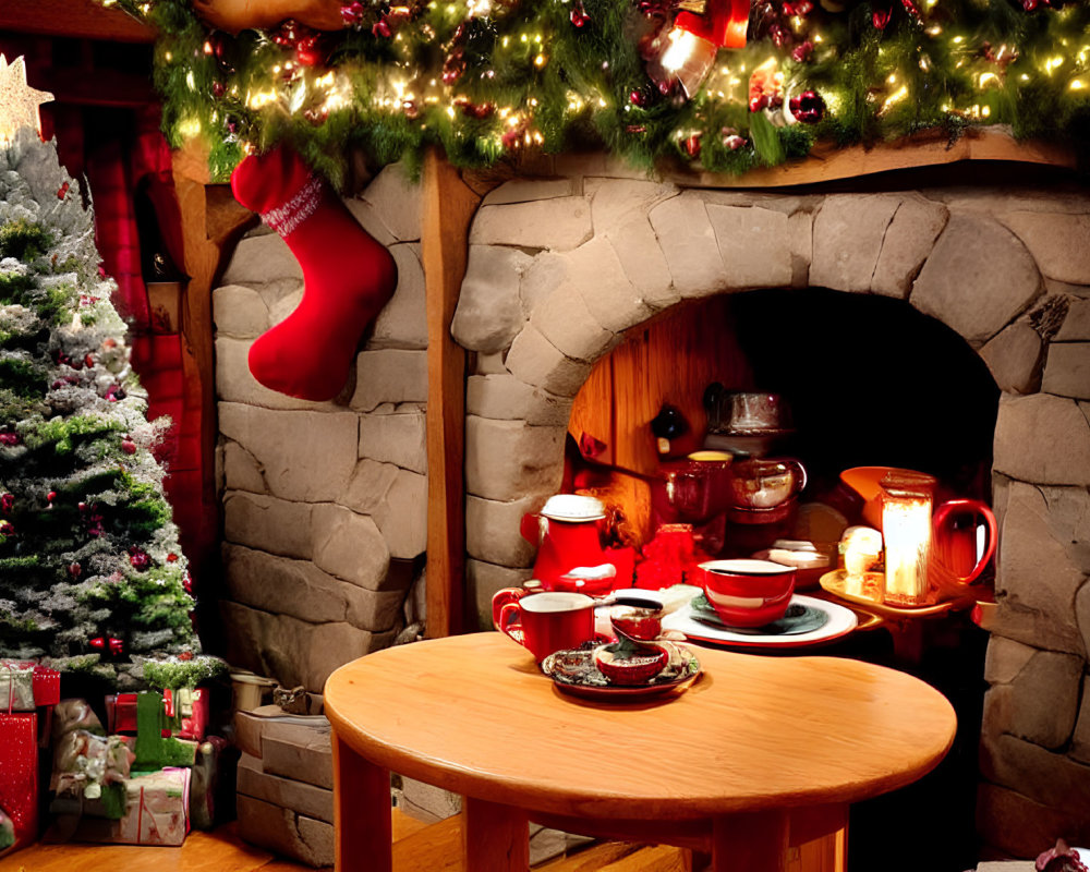 Festive Christmas scene with decorated tree, fireplace stockings, gifts, and treats