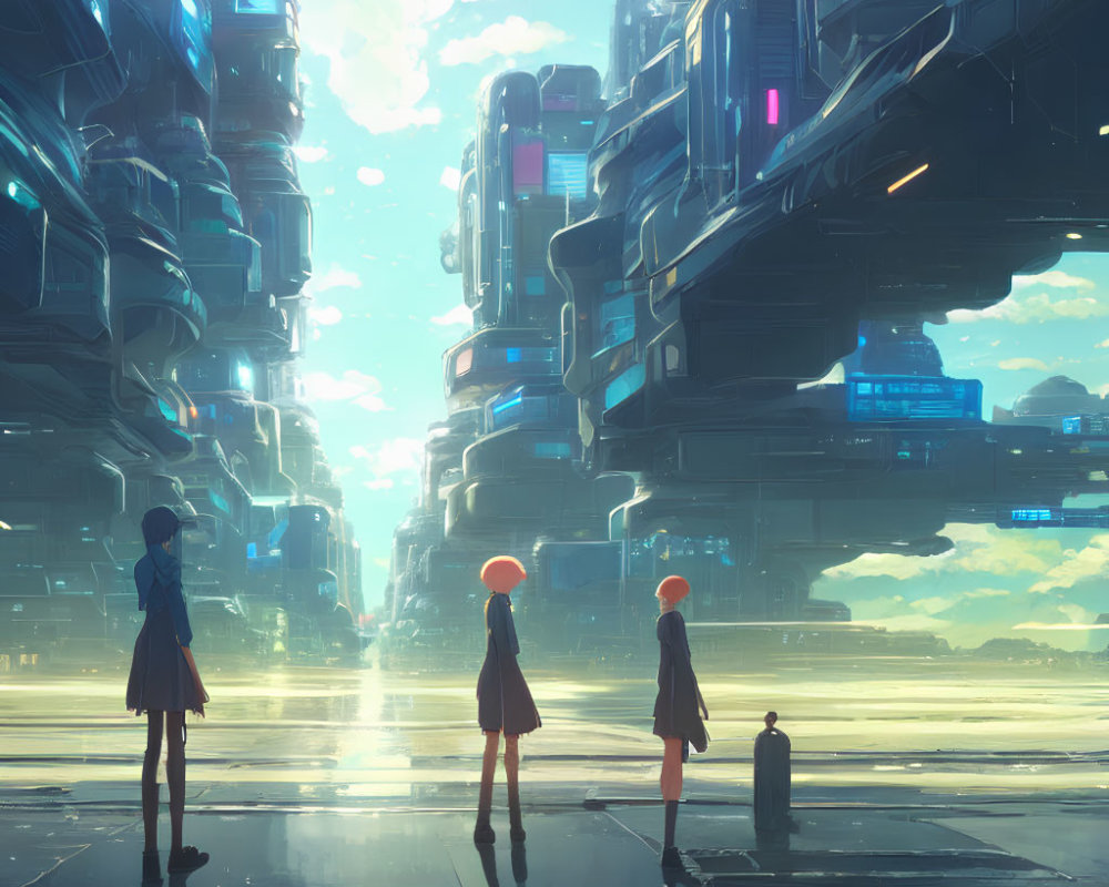 Three people on reflective surface looking at futuristic cityscape