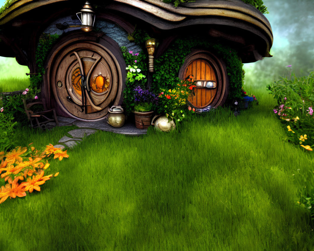 Fantasy Cottage with Round Doors in Lush Greenery and Flowers