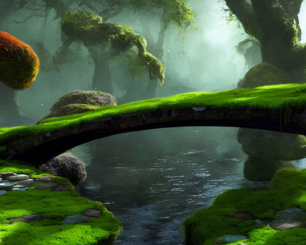 Tranquil Fantasy Landscape with Stone Bridge and Lush Greenery