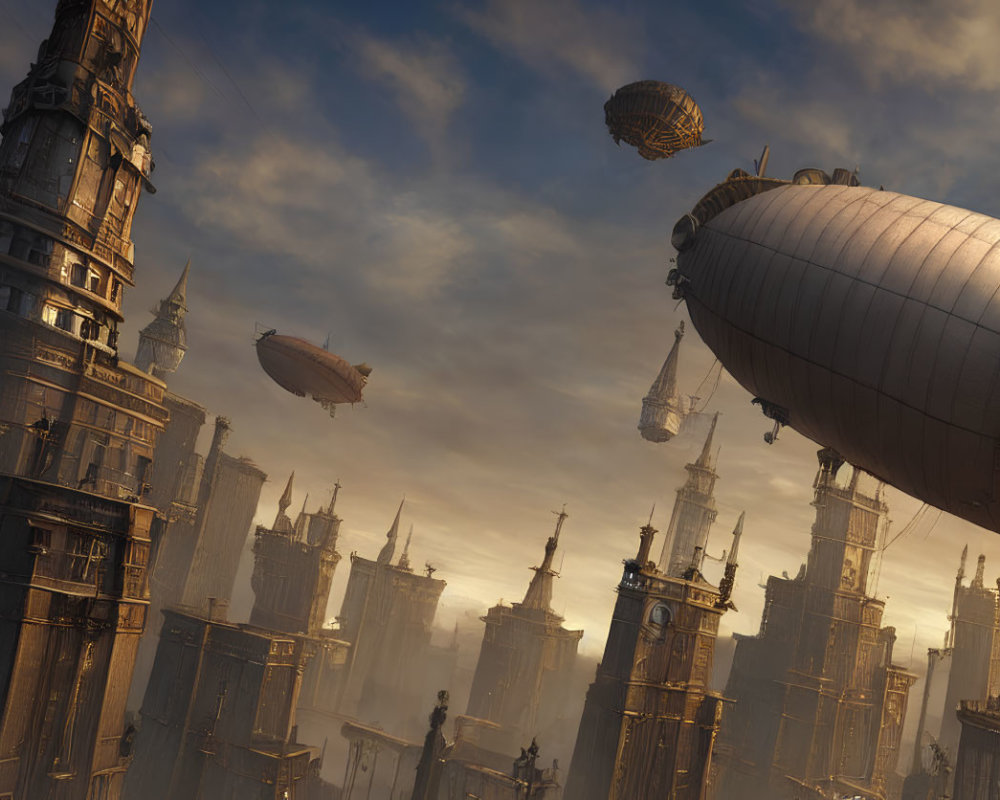 Steampunk cityscape with towering spires and airships in sunlit sky