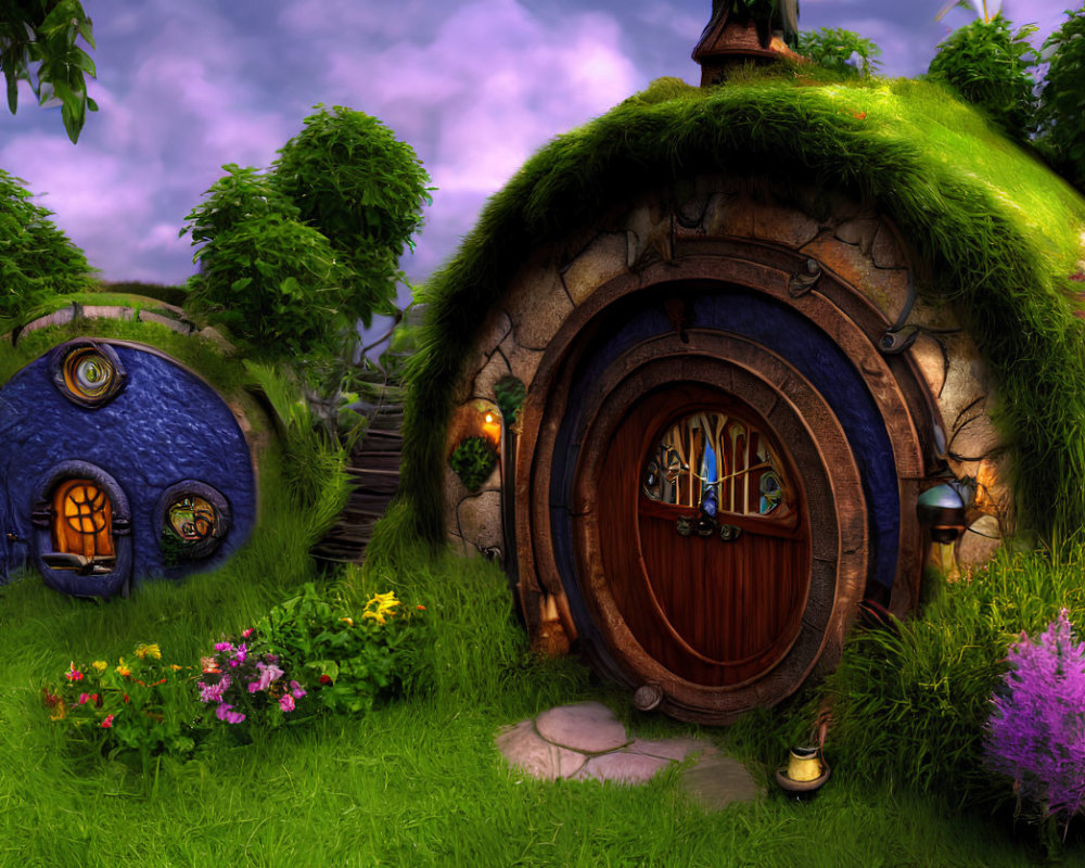 Whimsical hobbit-style houses in lush greenery under a purple sky