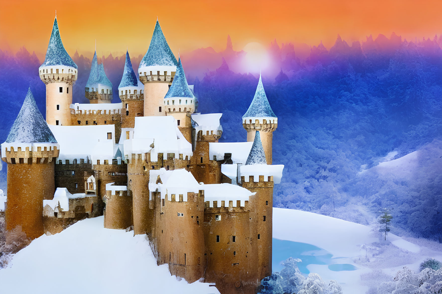 Snow-covered fairytale castle with multiple turrets in twilight sky