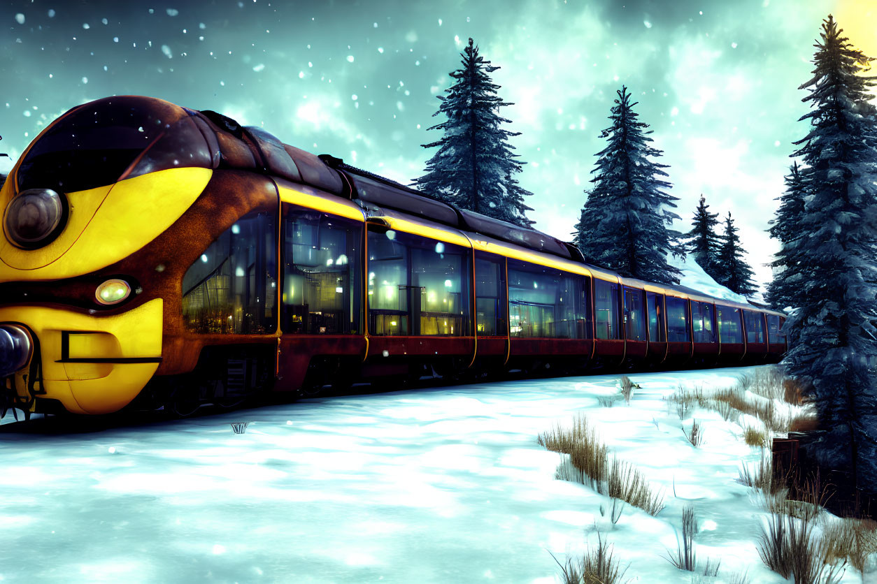 Sleek yellow-and-black modern train on snow-covered tracks