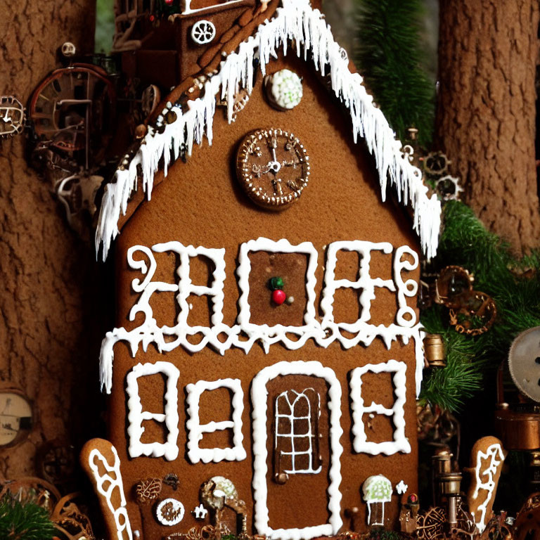 Detailed Gingerbread House with White Icing and Candy Decorations