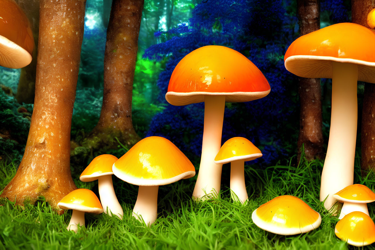 Vibrant orange mushrooms in lush forest setting