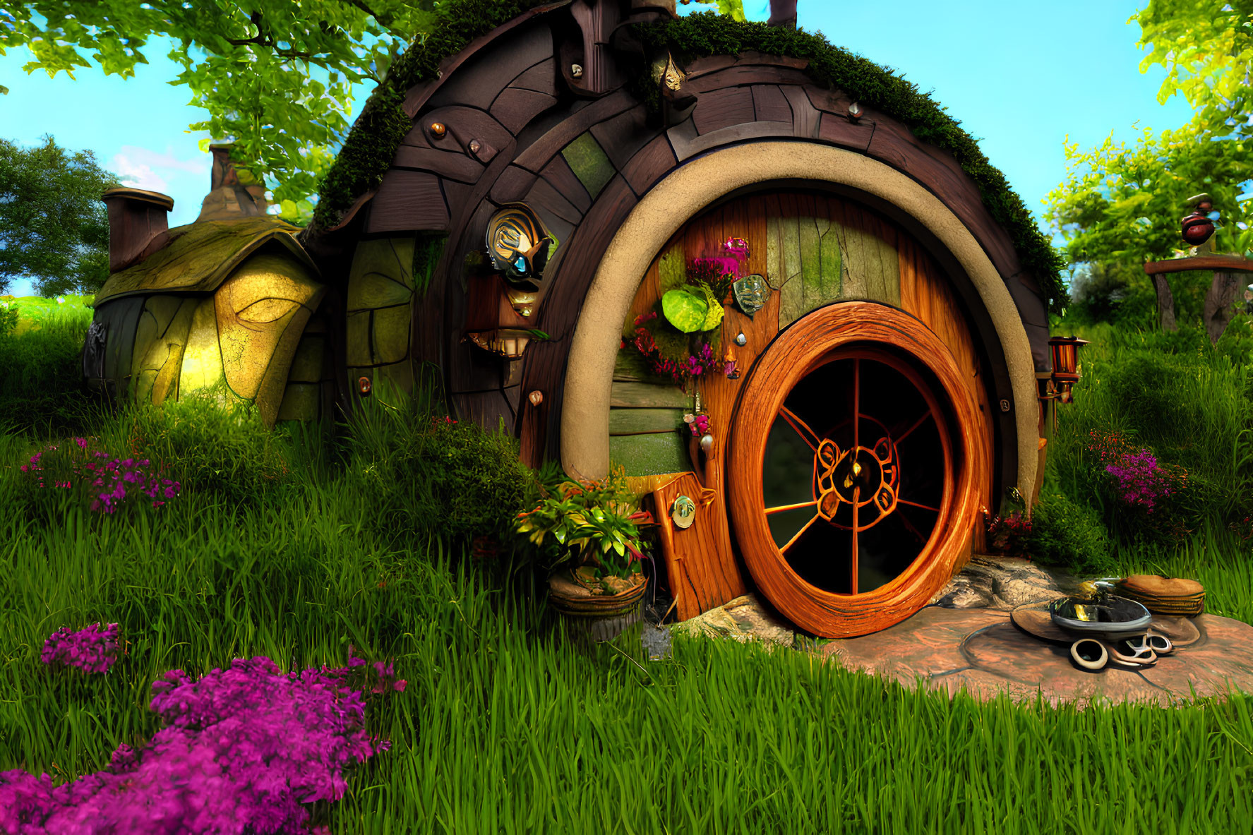 Fantasy garden scene with round wooden door and lush greenery