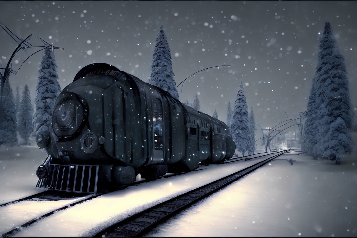 Vintage train on snow-covered tracks in serene winter scene