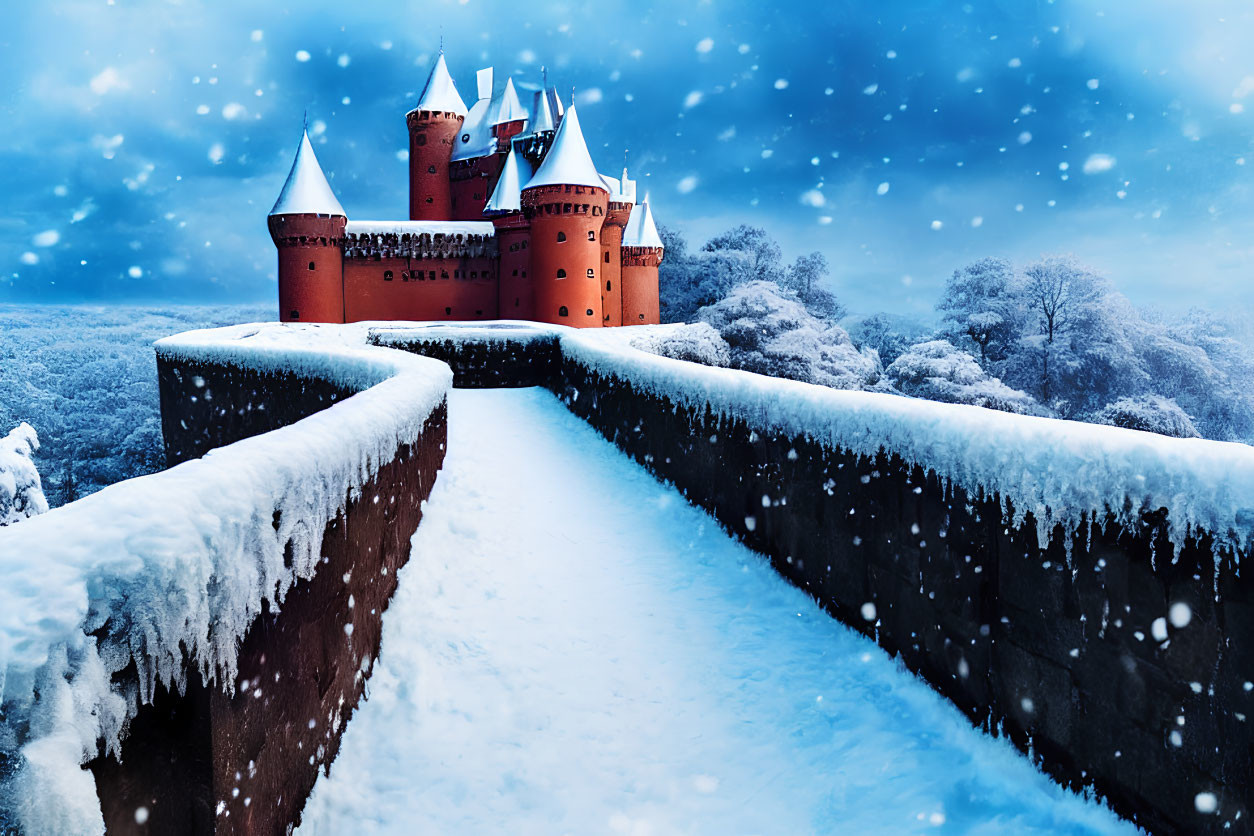 Red castle with towers in snowy landscape and bridge under falling snow