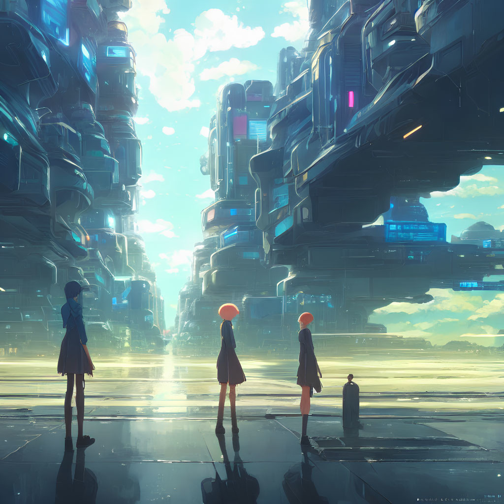 Three people on reflective surface looking at futuristic cityscape