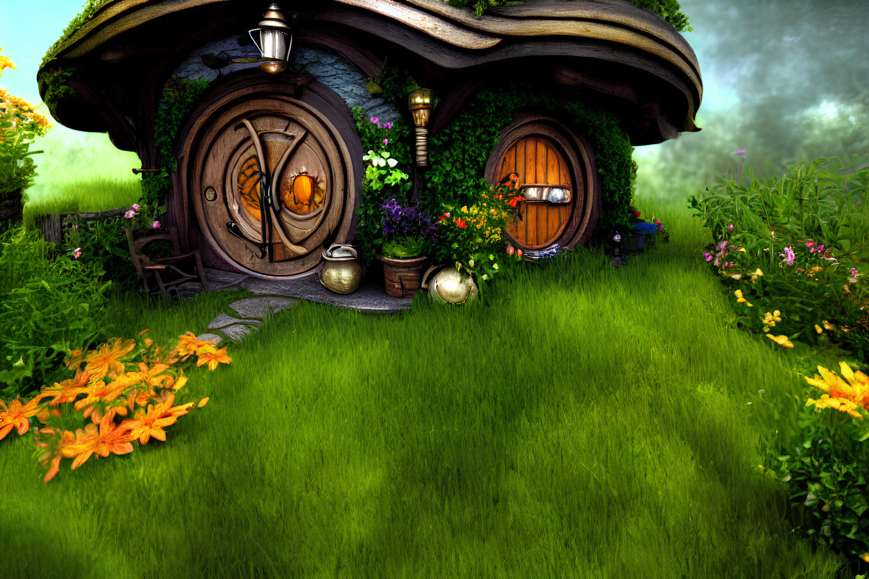 Fantasy Cottage with Round Doors in Lush Greenery and Flowers