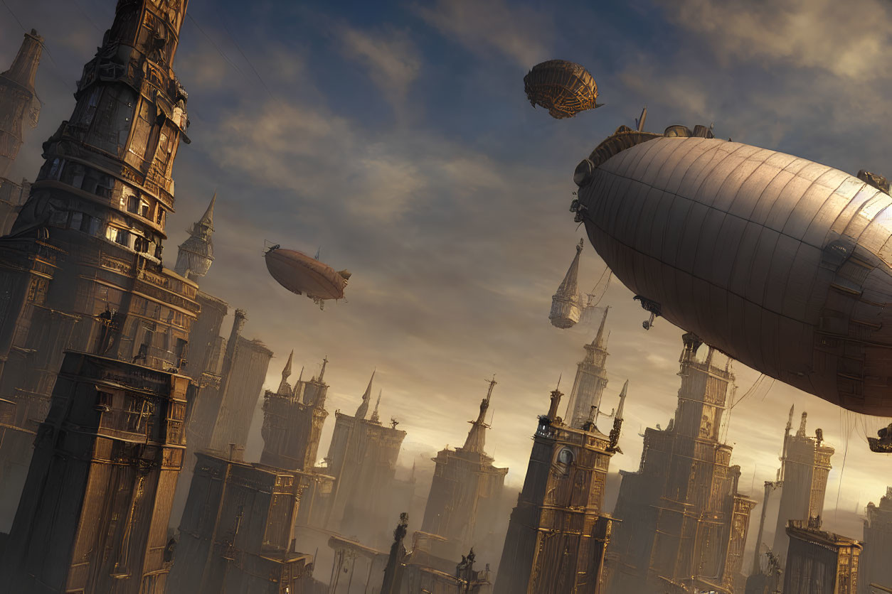 Steampunk cityscape with towering spires and airships in sunlit sky