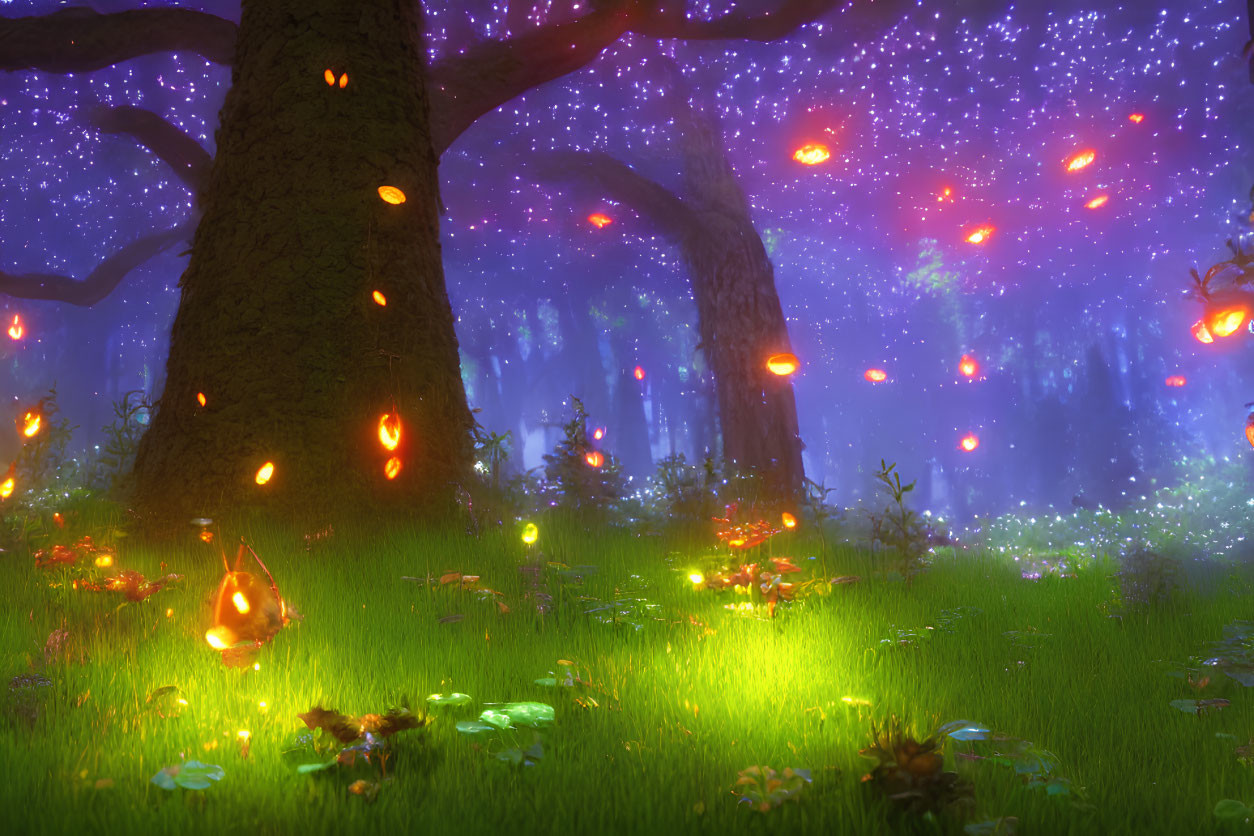 Magical Night Forest with Glowing Flowers and Falling Meteors