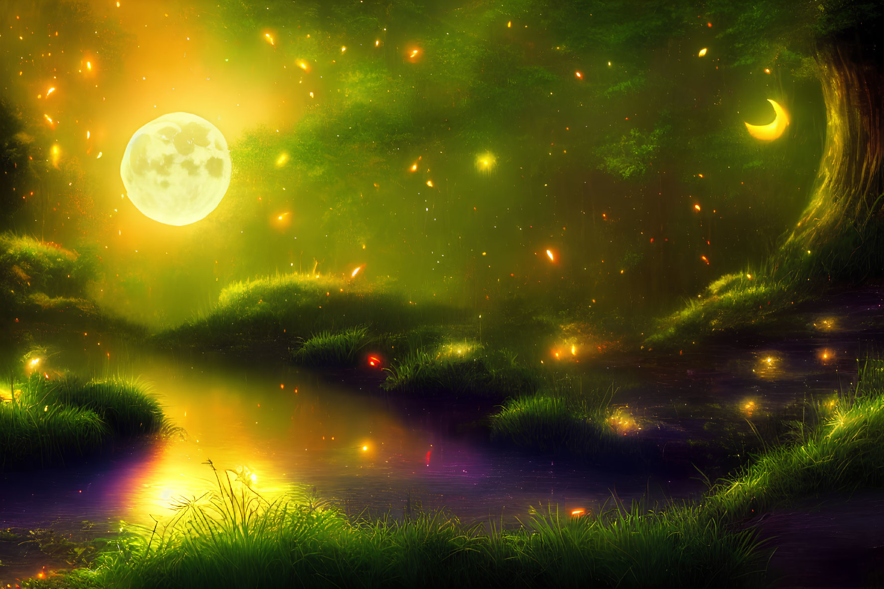 Fantasy landscape with glowing moon, sparkling river, lush greenery, and floating lights