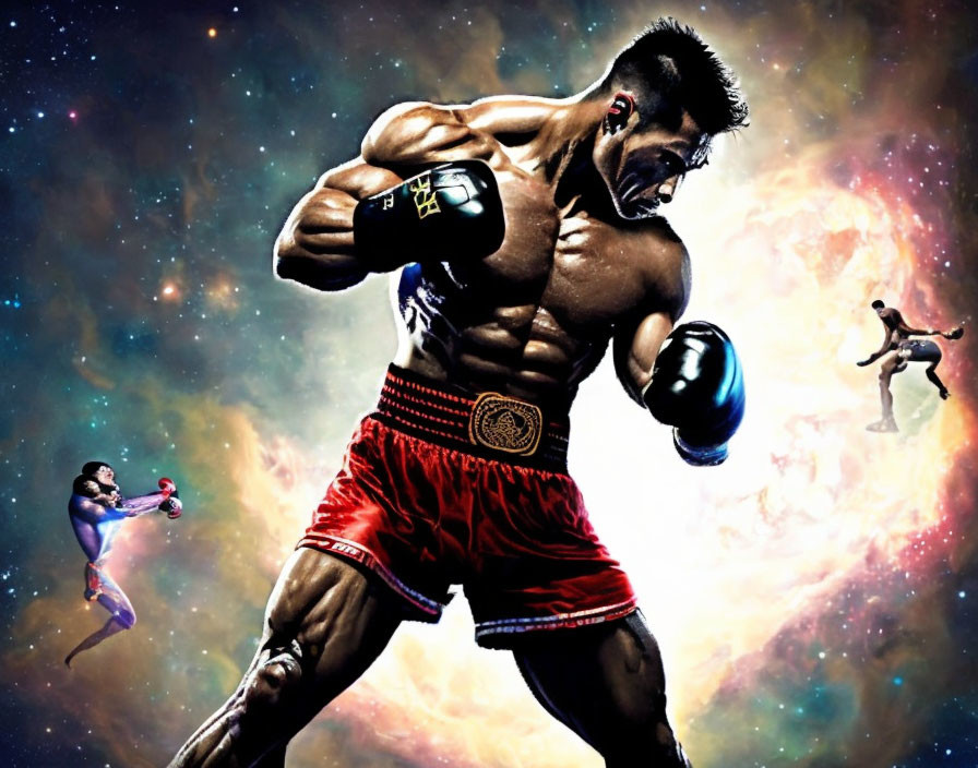 Muscular boxer in foreground with cosmic backdrop and distant sparring figures