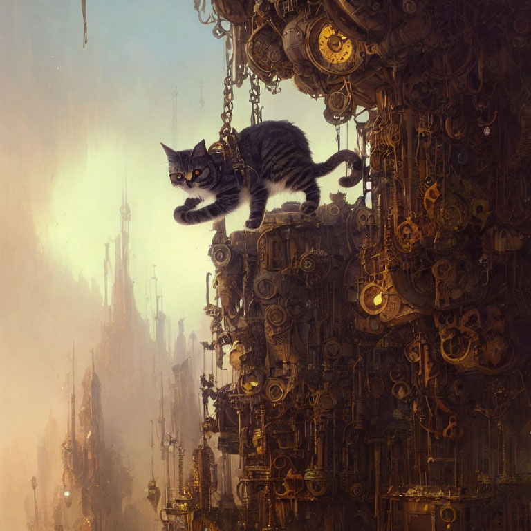 Cat perched on chain amid intricate machinery and distant spires.